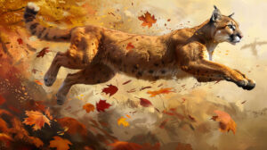 A wallpaper featuring a graceful cougar leaping through the air its lithe body arcing amidst swirling autumn leaves