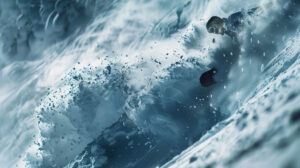 A wallpaper featuring a snowboarder cutting through untouched powder snow creating swirling trails behind them