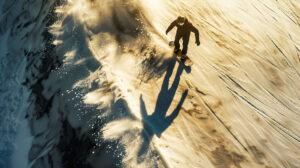 A wallpaper featuring a snowboarder performing a stylish trick in a snow covered terrain park with the sun creating long shadows on the snow
