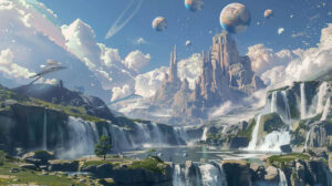 A wallpaper featuring a surreal view of majestic mountains and cascading waterfalls reminiscent of the legendary realm of Atlas