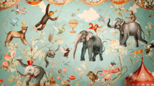 A wallpaper featuring cartoon animals in a circus setting such as acrobatic monkeys juggling elephants and balancing bears