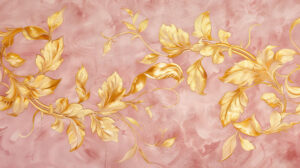 A wallpaper featuring swirling gold leaf motifs on a soft pink background evoking vintage glamour and old world charm
