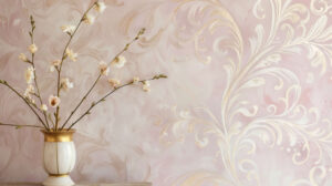 A wallpaper featuring swirling gold leaf motifs on a soft pink background evoking vintage glamour and old world charm resembling a romantic aesthetic of a bygone era