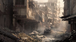 A wallpaper of a cityscape ravaged by war with ruined buildings and debris filled streets showcasing the destruction caused by conflict