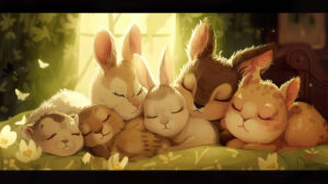 A wallpaper showcases cartoon animals snuggled in a cozy bed eyes closed in peaceful sleep dreaming sweetly. The file is named blissful dreams.jpg