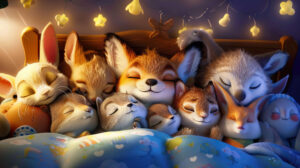 A wallpaper showcases charming cartoon animals nestled in a warm embrace peacefully asleep in a cozy bed lost in sweet dreams