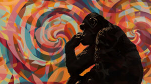 A wallpaper showcasing a chimpanzee silhouette set against a backdrop of dynamic colors and geometric patterns
