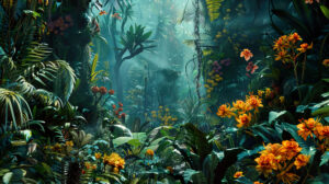 A wallpaper showcasing a dreamlike scene filled with larger than life jungle flora including towering ferns and exotic blossoms crafting a fantastical botanical paradise