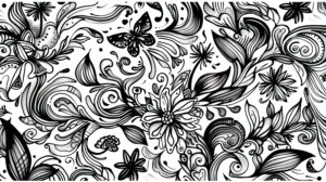 A wallpaper showcasing a nature inspired abstract doodle pattern adorned with swirling vines blooming flowers and delicate butterflies fluttering gracefully