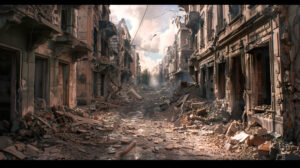 A wallpaper showcasing a rugged cityscape featuring destroyed buildings and debris filled streets as a result of war