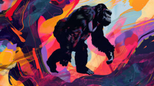 A wallpaper showcasing the distinctive outline of King Kong in vibrant hues and striking forms set against a swirling background