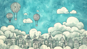 A whimsical doodle of a cityscape, with quirky buildings, winding streets, and flying balloons against a backdrop of fluffy clouds