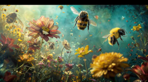 A whimsical garden bursting with vibrant colors where oversized bumblebees pollinate fantastical flowers captured in Whimsy in Bloom.jpg