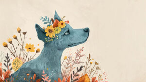 A whimsical illustration of a blue dog wearing a crown of flowers, its regal demeanor contrasting with its playful nature
