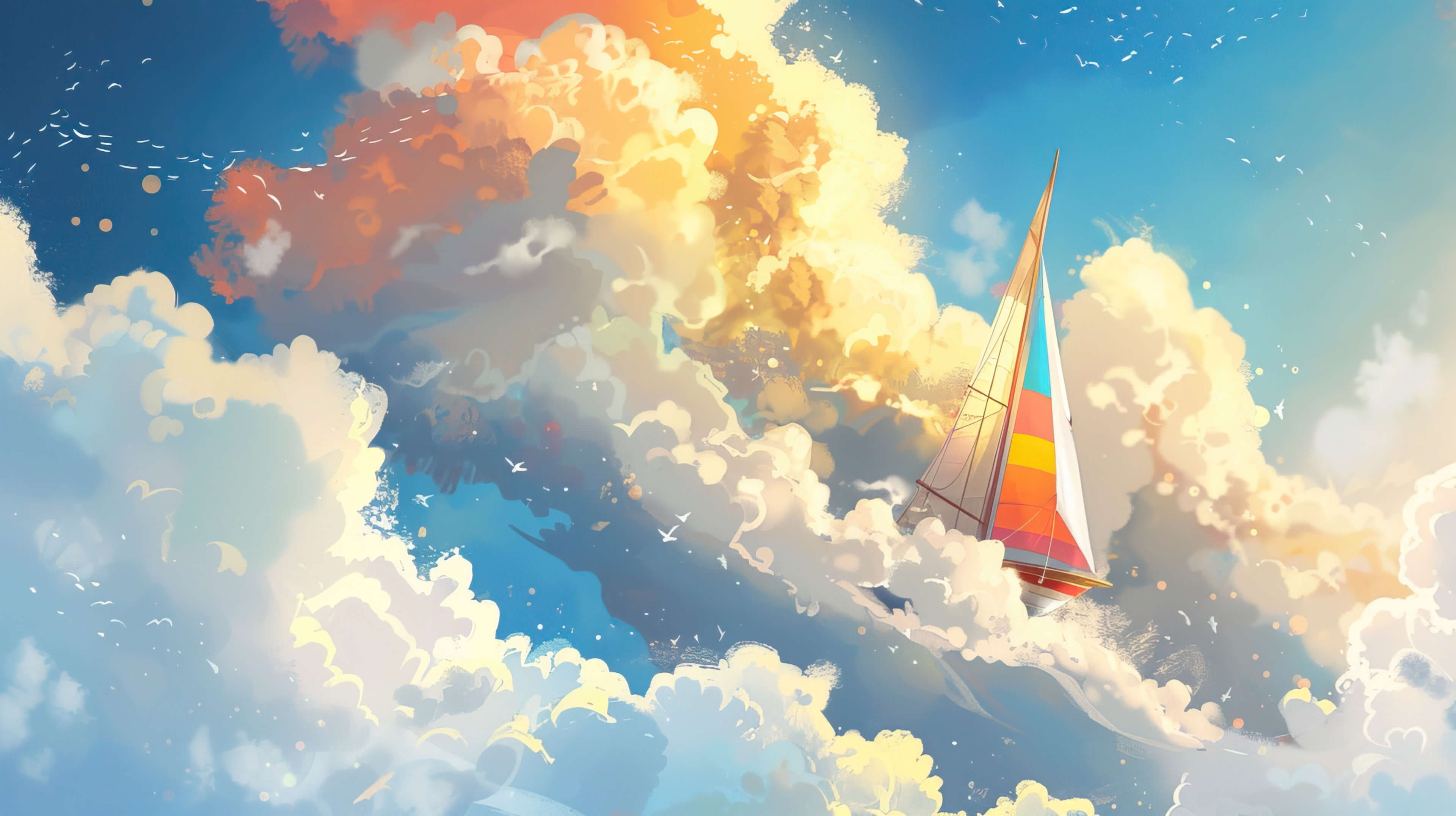 A whimsical illustration of a sailboat sailing through the sky amidst fluffy clouds, its colorful sails adding a touch of magic to the scene