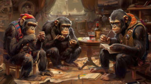 A whimsical illustration of chimpanzees dressed in human clothing, engaged in everyday activities like cooking, reading, and playing music
