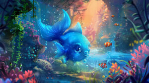 A whimsical illustration of fantastical blue fish with exaggerated features and vibrant colors, swimming playfully in a magical underwater kingdom