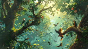 A whimsical illustration of jungle animals swinging from vines and playing in the treetops, their colorful plumage and playful antics adding charm to the scene