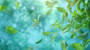 A whimsical scene of mint leaves drifting on a gentle breeze, their delicate fragrance filling the air and stirring the imagination