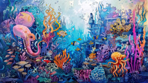 A whimsical underwater wallpaper featuring fish seahorses and octopuses swimming among coral reefs and sunken treasure in a lively sketch