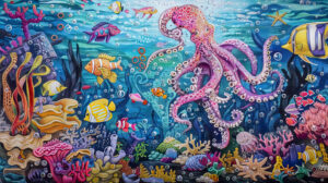 A whimsical underwater wallpaper showcasing fish seahorses and octopuses floating among coral reefs and sunken treasures in a doodle style