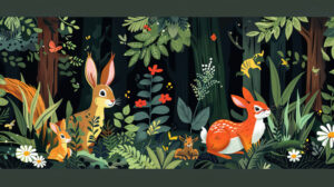 A whimsical wallpaper featuring woodland creatures like rabbits squirrels and deer playing amidst lush foliage and tall trees