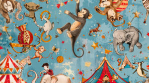 A whimsical wallpaper with cartoon animals performing in a circus, including acrobatic monkeys, juggling elephants, and balancing bears