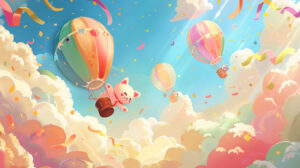 A whimsical wallpaper with cartoon animals riding in hot air balloons, soaring through the sky amidst fluffy clouds and rainbow colored streamers