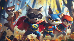 Amusing wallpaper featuring cartoon animals donned in superhero attire prepared to showcase their courage and intelligence in saving the day