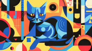 An abstract composition featuring a blue cat surrounded by geometric shapes and vibrant colors, evoking a sense of mystery and intrigue