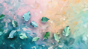 An abstract composition featuring mint leaves scattered against a backdrop of soft pastel hues, evoking a sense of calm and tranquility