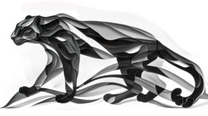 An abstract composition featuring the graceful lines and curves of a cougar's sleek form, rendered in shades of black and gray