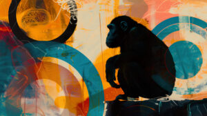 An abstract composition featuring the silhouette of a chimpanzee against a backdrop of swirling colors and geometric shapes