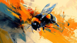 An abstract composition inspired by the buzzing energy of bumblebees, with dynamic shapes and vibrant colors evoking a sense of movement