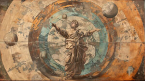 An abstract representation of the celestial spheres, with Atlas standing at the center, holding aloft the stars and planets