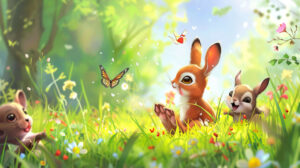 An adorable wallpaper with cartoon animals playing in a meadow, chasing butterflies and frolicking in the sunshine