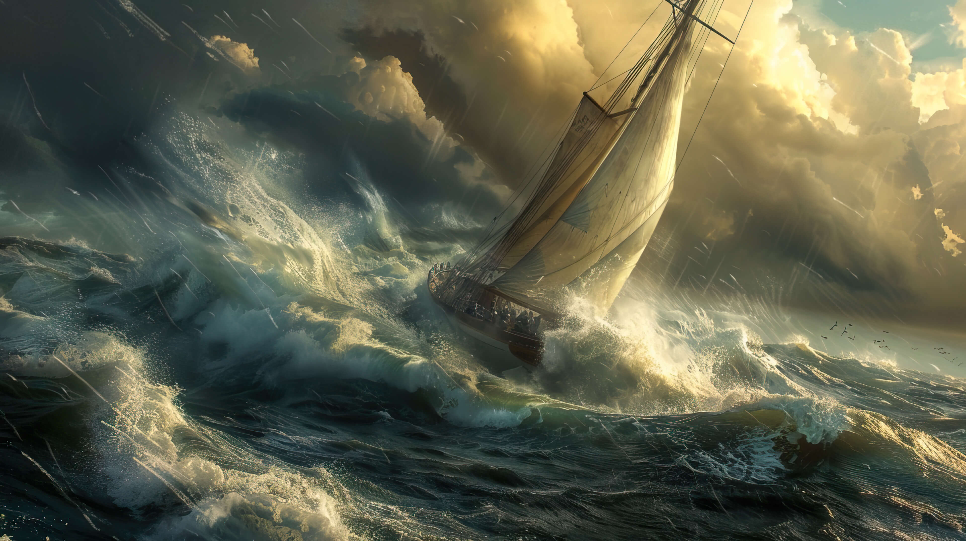 An adventurous scene of a sailboat navigating through stormy seas, its crew bracing against crashing waves and whipping winds