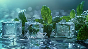 An artistic arrangement of fresh mint leaves and ice cubes, creating a cool and invigorating visual feast