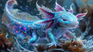 An artistic depiction of a blue axolotl with swirling patterns and iridescent colors, evoking the magic of the aquatic realm