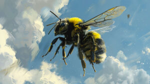 An artistic illustration of a bumblebee in flight, its black and yellow stripes contrasting against a backdrop of blue skies and fluffy clouds