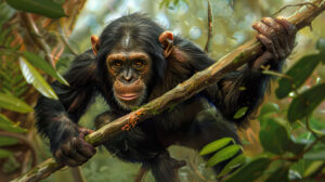 An artistic portrayal of a chimpanzee using a stick to forage for termites, showcasing the species' intelligence and resourcefulness