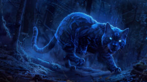 An artistic portrayal of a majestic blue cat prowling through a moonlit forest, its eyes glowing with an otherworldly intensity