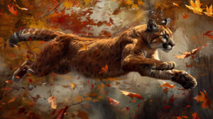 An artistic rendering of a cougar leaping gracefully through the air, its lithe body arcing against a backdrop of swirling autumn leaves