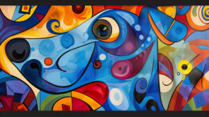 An artistic representation of a blue dog with abstract shapes and vibrant colors, evoking a sense of whimsy and imagination
