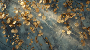 An artistic wallpaper inspired by nature, with intricate gold leaf vines and leaves climbing up the walls, bringing the beauty of the outdoors inside