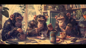 An enchanting wallpaper showcasing chimpanzees in human attire partaking in everyday tasks such as cooking reading and playing music