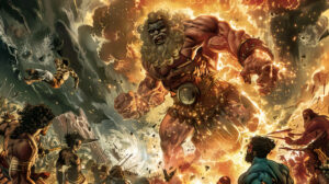 An epic battle scene between the Titans and the gods of Olympus, with Atlas at the center of the conflict, his strength unmatched