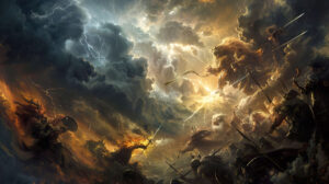 An epic battle scene from Norse mythology, with gods and giants locked in fierce combat amidst thundering clouds and crackling lightning