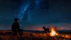 An iconic image of a lone cowboy sitting by a campfire under a starry sky, with his faithful horse nearby and the silhouette of distant mountains on the horizon