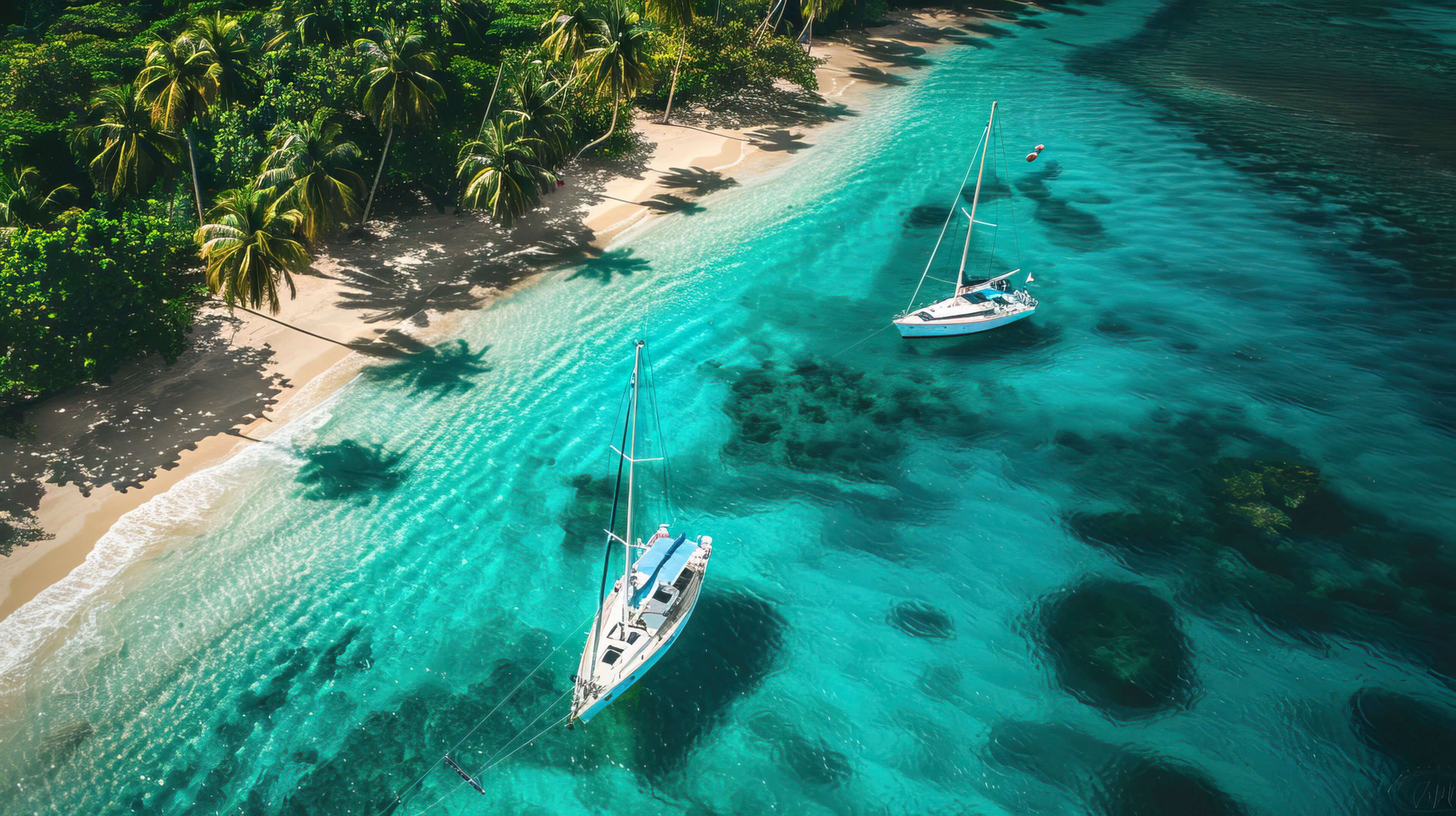 An idyllic tropical paradise with palm fringed beaches and sailboats anchored in crystal clear turquoise waters, inviting viewers to escape to paradise